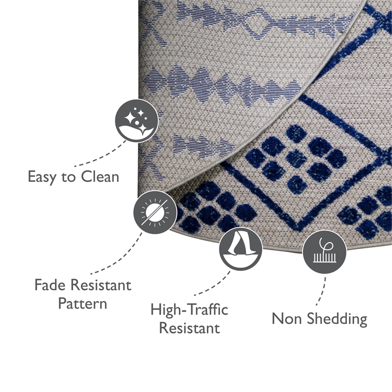 Pemberly Row Cusp Gray with Blue Indoor Outdoor Area Rug Round 5'3