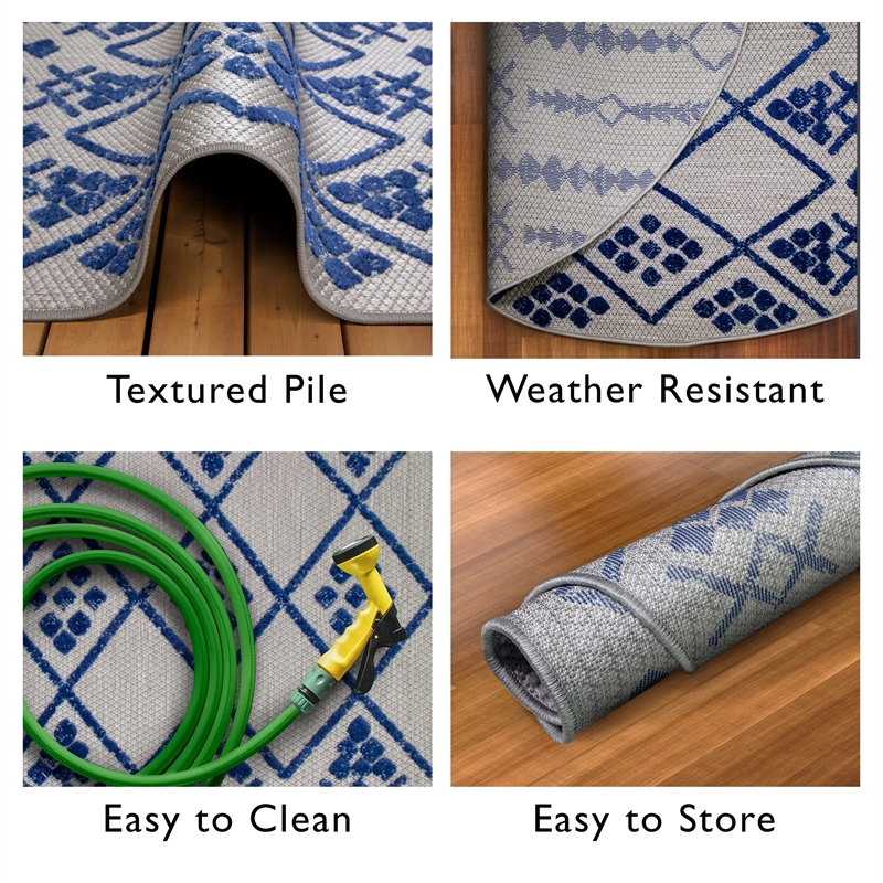 Pemberly Row Cusp Gray with Blue Indoor Outdoor Area Rug Round 5'3