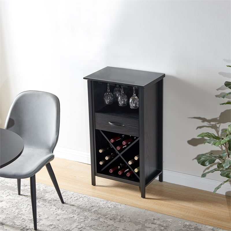 Pemberly Row Mini Bar Cabinet for Stemware and Bottle Storage-Black