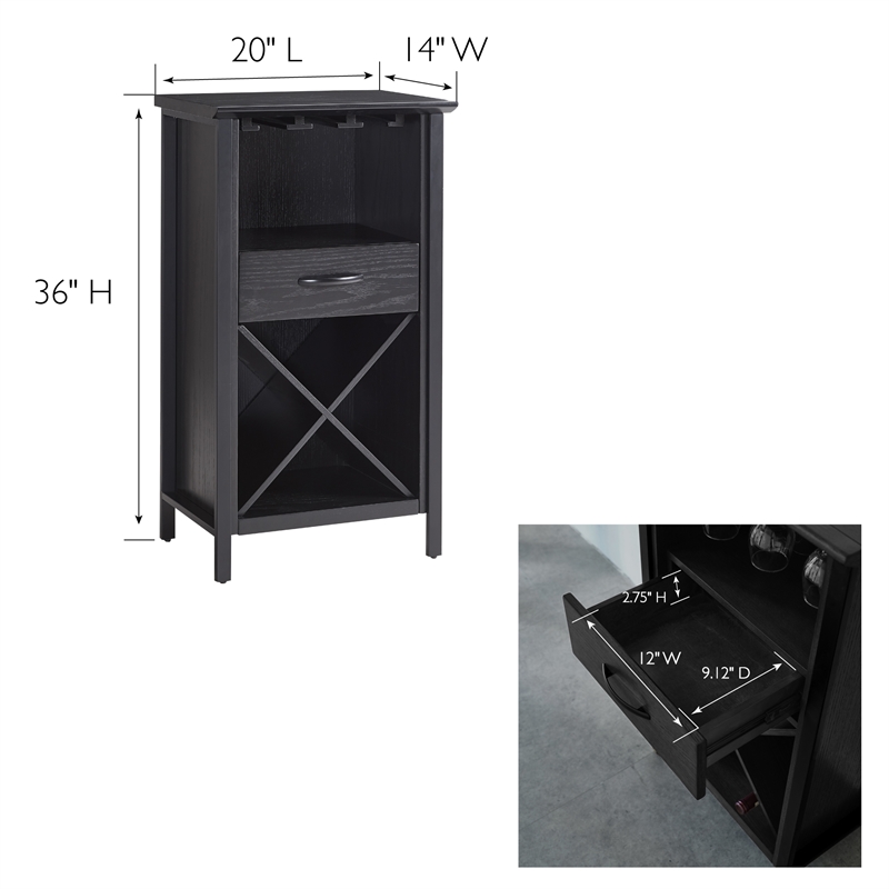 Pemberly Row Mini Bar Cabinet for Stemware and Bottle Storage-Black
