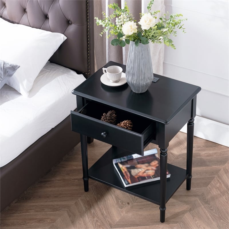 Pemberly Row Coastal Traditional Wood Nightstand in Black (Set of 2)