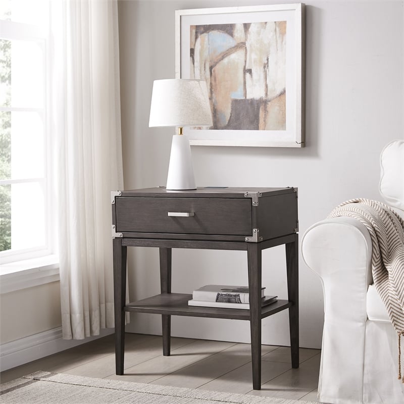 Pemberly Row Wood Drawer Nightstand Table with AC/USB Charger in Gray