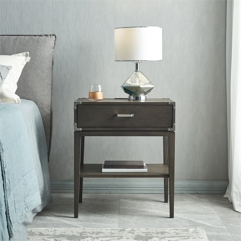 Pemberly Row Wood Drawer Nightstand Table with AC/USB Charger in Gray