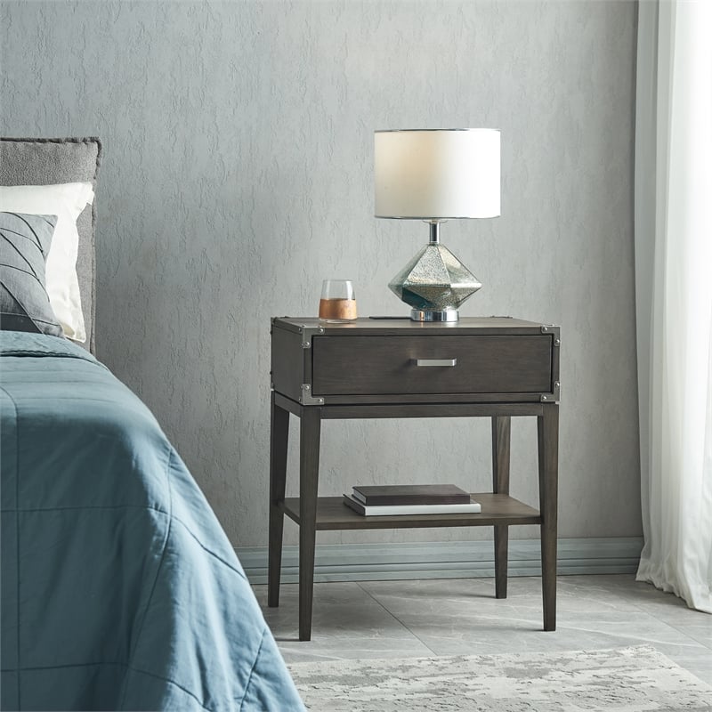 Pemberly Row Wood Drawer Nightstand Table with AC/USB Charger in Gray