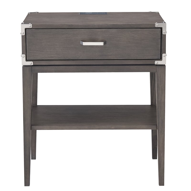Pemberly Row Wood Drawer Nightstand Table with AC/USB Charger in Gray
