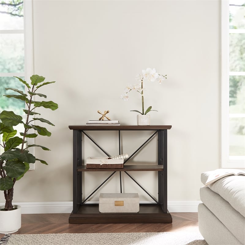 Pemberly Row Mixed Metal and Wood Bookshelf in Dark Earth/Matte Black