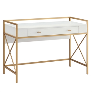 Pemberly Row Desk with Drop Front Keyboard Drawer in White/Satin Gold