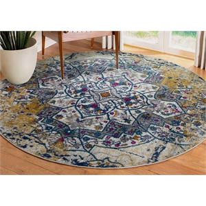 Pemberly Row Vintage Faded Medallion Ivory and Navy Round Area Rug 5'3&quot