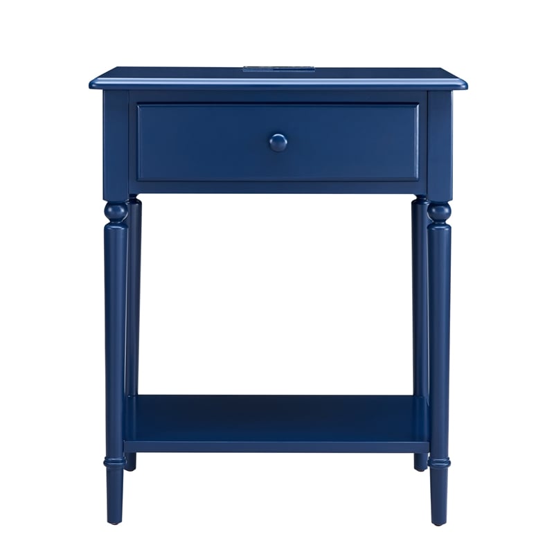 Pemberly Row Coastal Nightstand Side Table with AC/USB Charger-Navy Blue