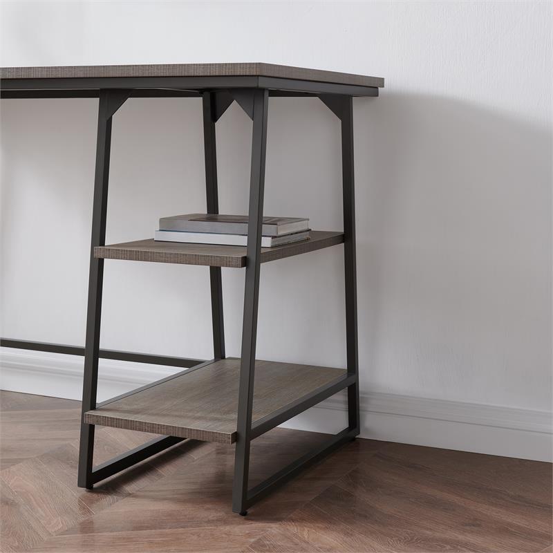 Pemberly Row Wood Reversible Stepped Tier Shelf Desk in Oak/Gunmetal Gray
