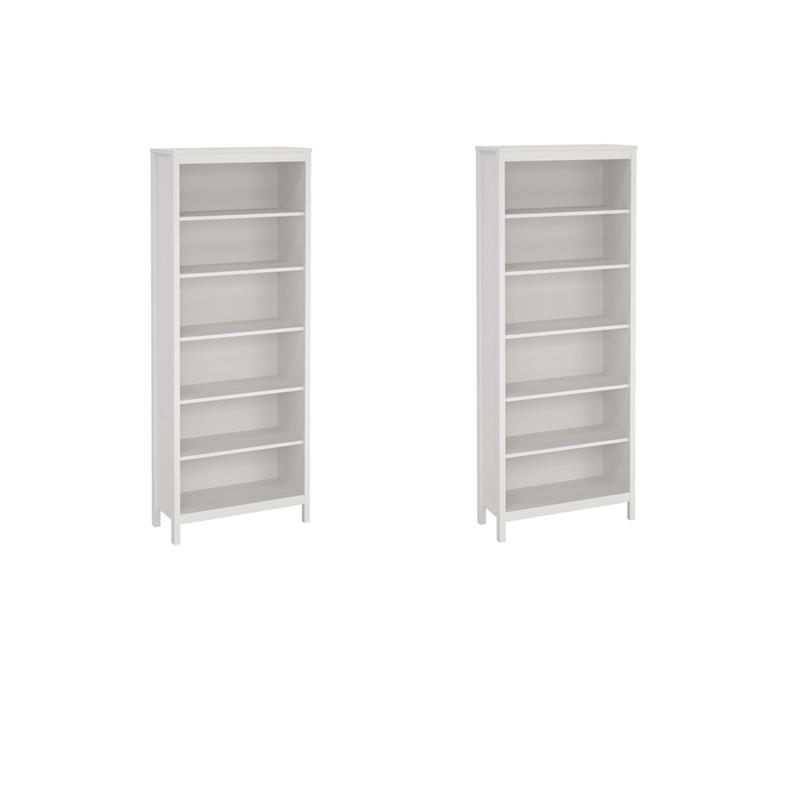 Pemberly Row Set of 2 Adjustable 6 Shelf Bookcase in White Finish