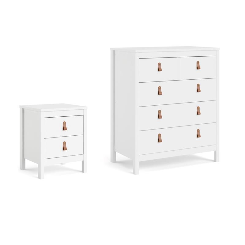 Pemberly Row Set of 2 5-Drawer Chest & 2 Drawer Nightstand in White