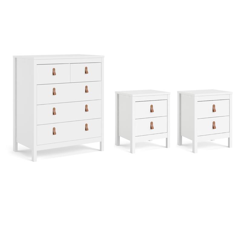 Pemberly Row Set of 3 5-Drawer Chest & 2 Nightstands in White
