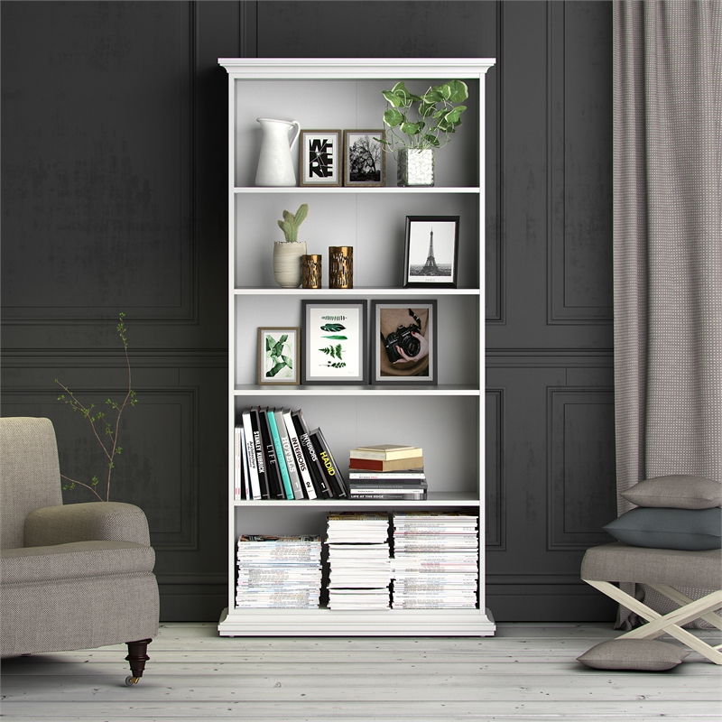 Pemberly Row Set of 2 Home Computer Office Desk & 5-Shelf Bookcase in White