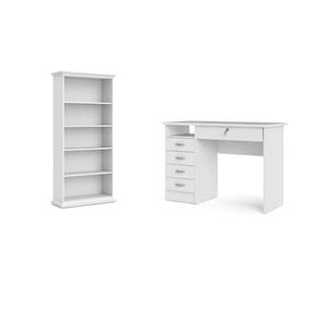 Pemberly Row Set of 2 Home Computer Office Desk & 5-Shelf Bookcase in White