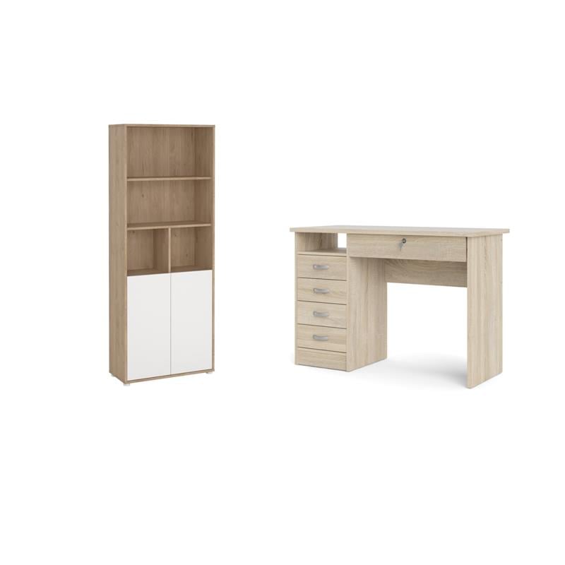 Pemberly Row Set of 2 Desk with 5-Drawers & 6-Shelf Adjustable Bookcase