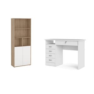 Pemberly Row Set of 2 Home Computer Office Desk &  6-Shelf Adjustable Bookcase