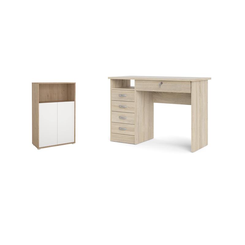 Pemberly Row Set of 2 Desk with 5-Drawers & 3-Shelf Adjustable Bookcase