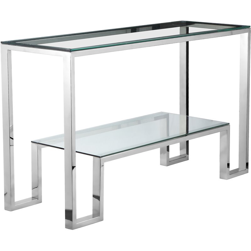 Pemberly Row Contemporary Metal Console in Hand Polished Silver Finish
