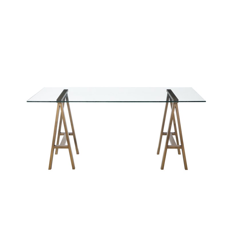 Pemberly Row Contemporary Metal Desk with Glass in Brushed Brass