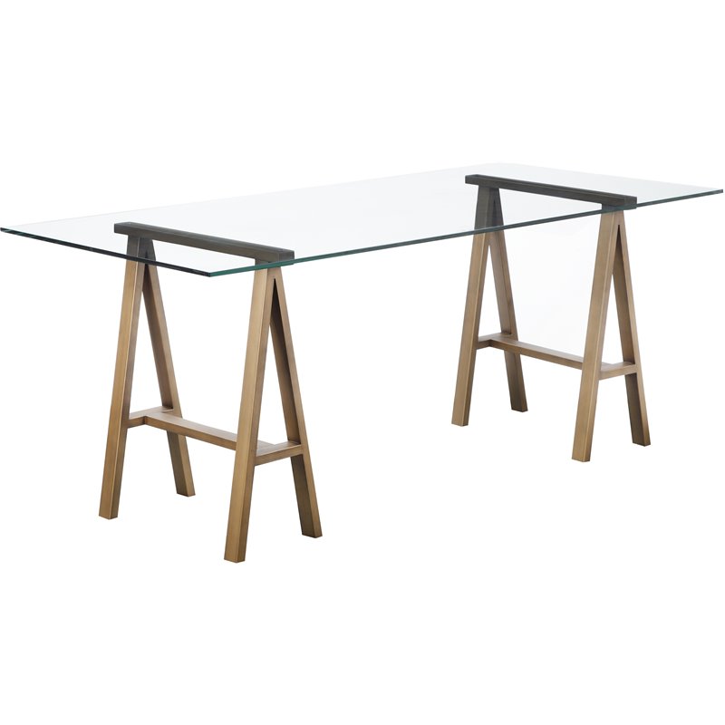 Pemberly Row Contemporary Metal Desk with Glass in Brushed Brass