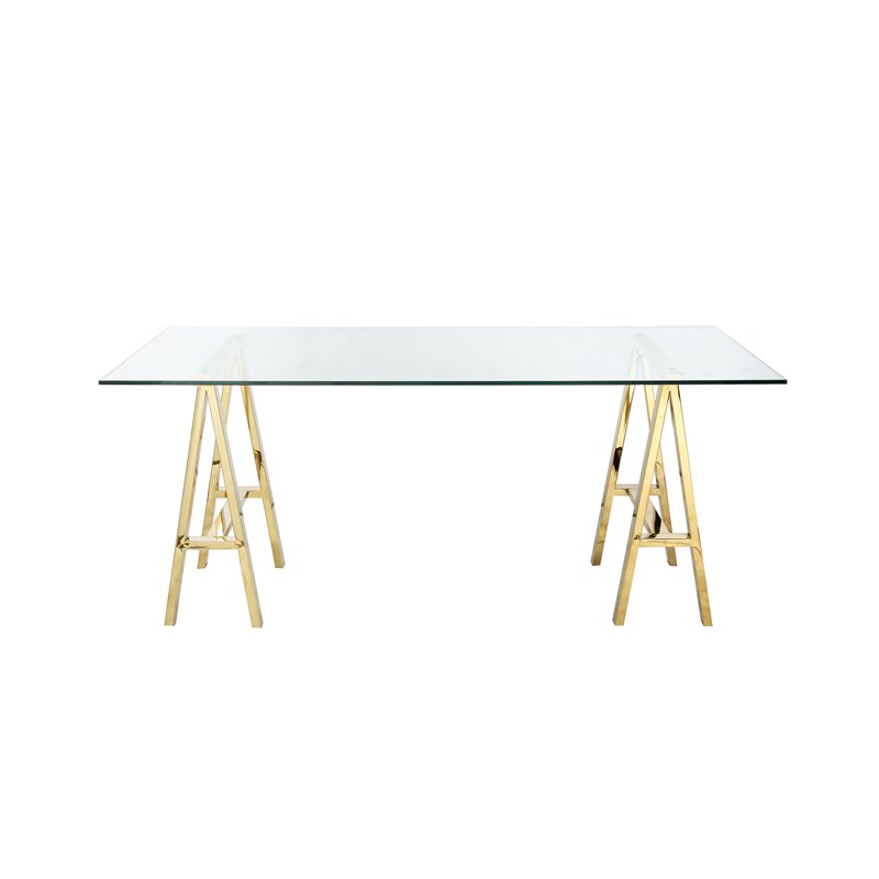 Pemberly Row Contemporary Metal Desk with Glass in Polished Gold