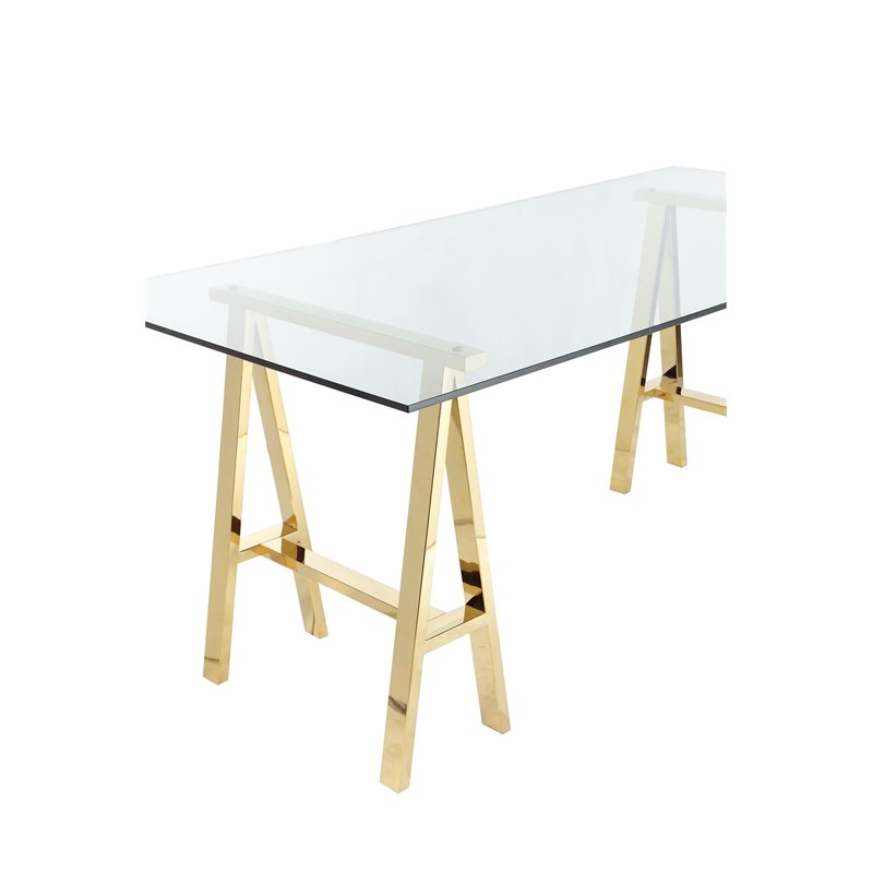 Pemberly Row Contemporary Metal Desk with Glass in Polished Gold