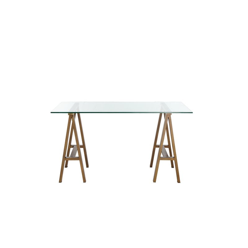 Pemberly Row Contemporary Small Metal Desk with Glass in Brushed Brass