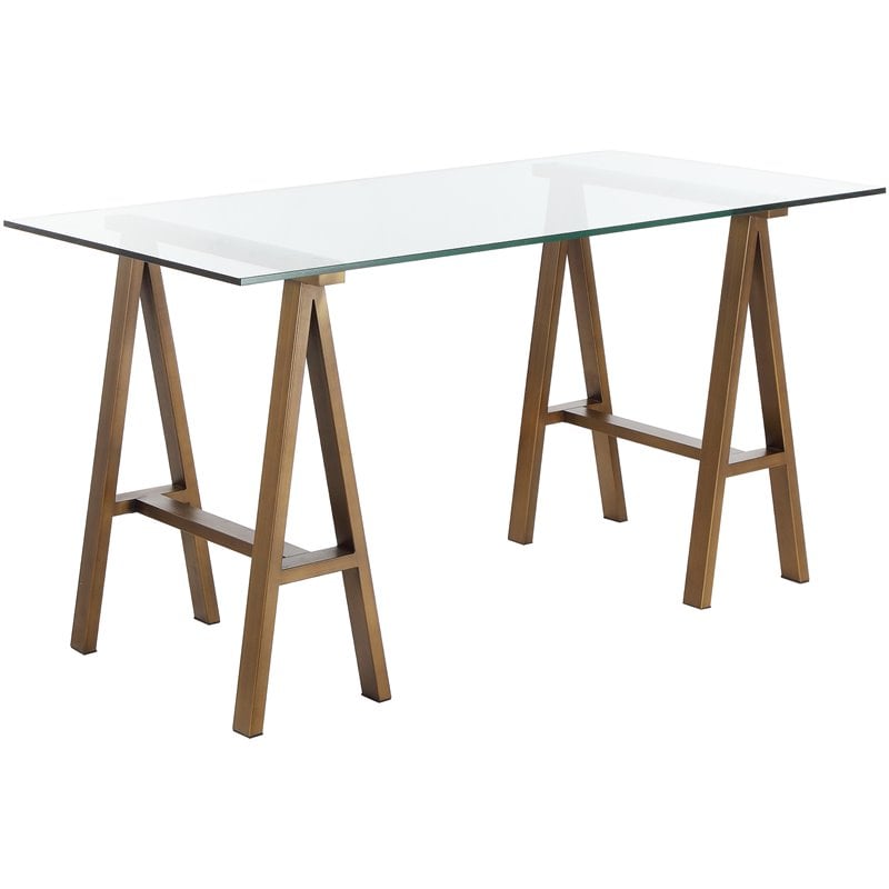 Pemberly Row Contemporary Small Metal Desk with Glass in Brushed Brass