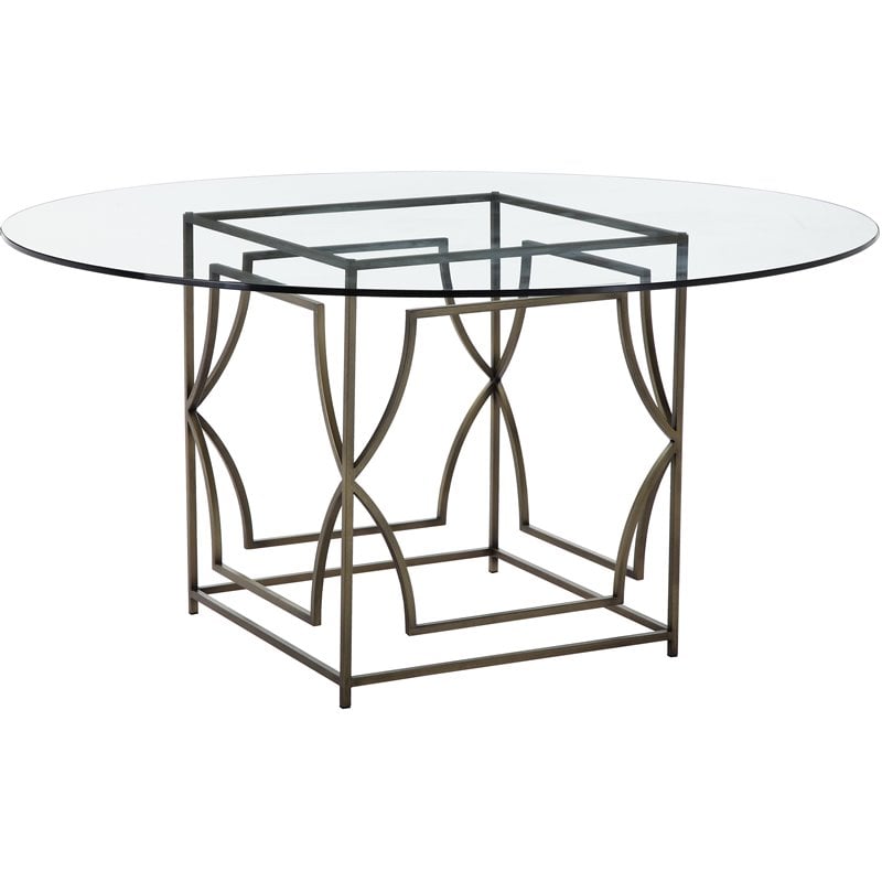 Pemberly Row Metal Round Dining Table with Glass in Brushed Brass