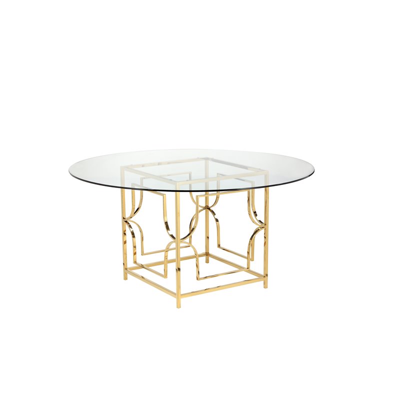 Pemberly Row Metal Round Dining Table with Glass in Polished Gold