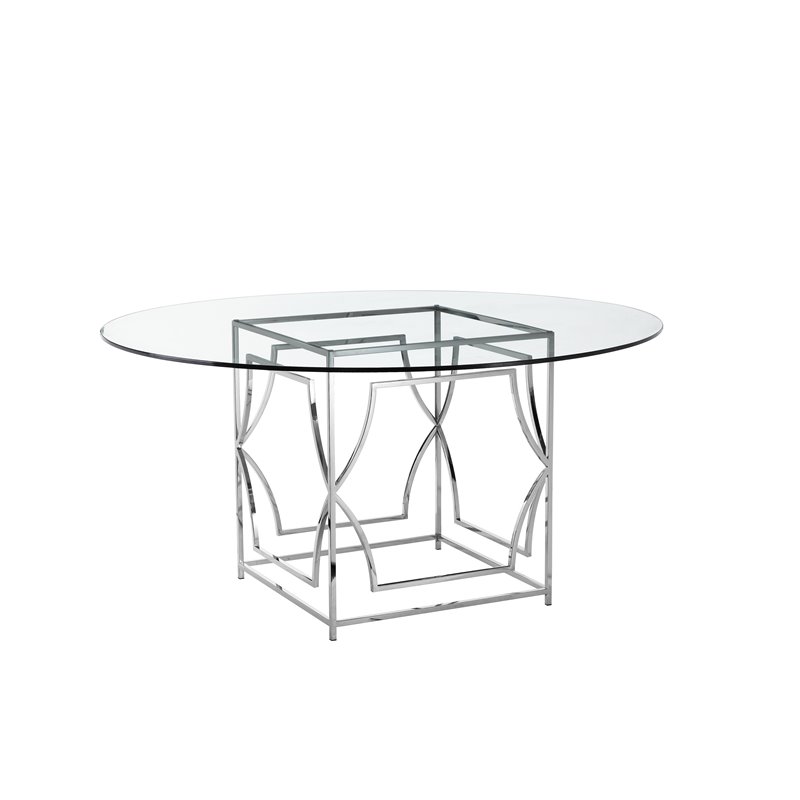 Pemberly Row Contemporary Metal Round Dining Table with Glass in Silver