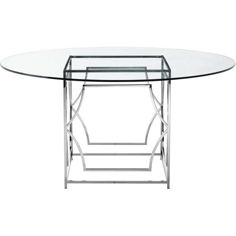 Pemberly Row Contemporary Metal Round Dining Table with Glass in Silver