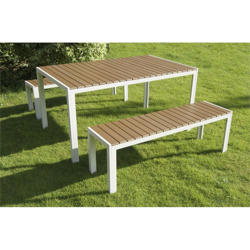 Pemberly Row 3-piece Aluminum Patio Dining Set in White/Natural Teak