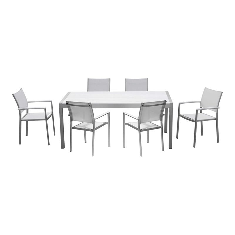 Pemberly Row Modern Aluminum Patio Dining Set in Brush Frame/White