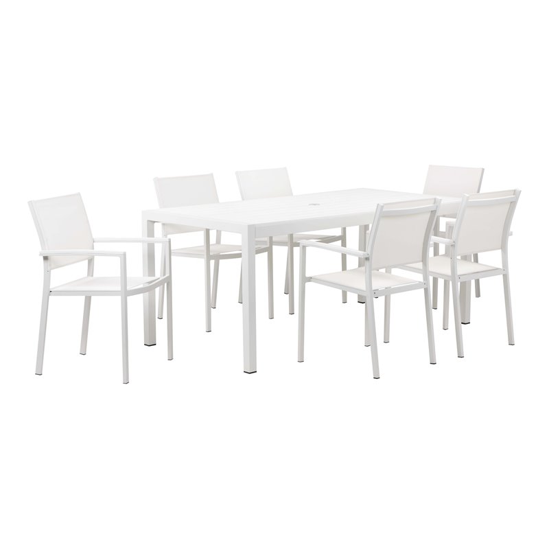 Pemberly Row Modern Aluminum Patio Dining Set in White Frame/Polyresin