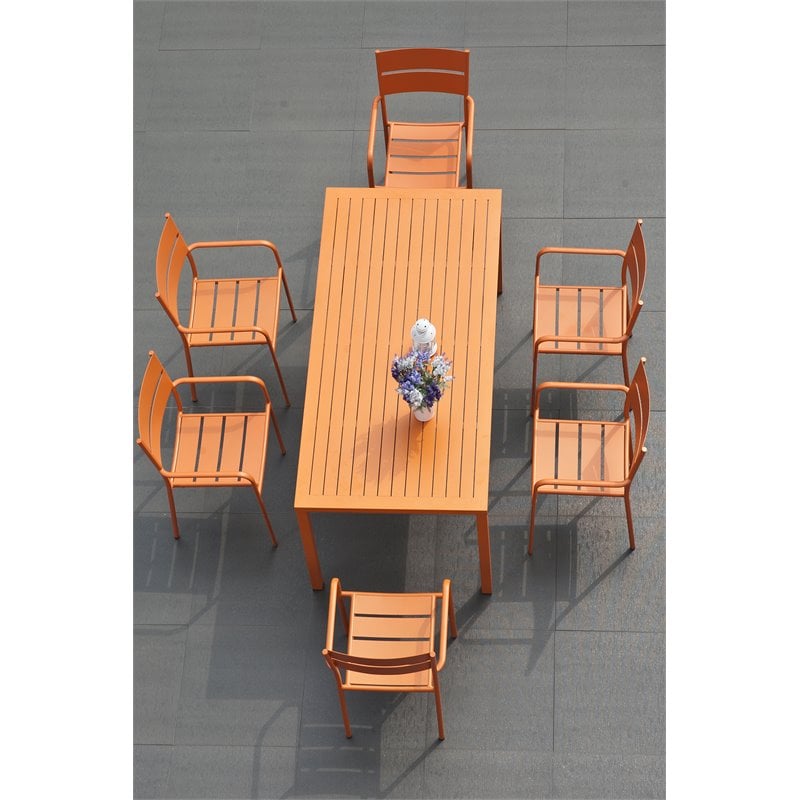 Pemberly Row 7-piece Aluminum Frame Patio Dining Set in Orange