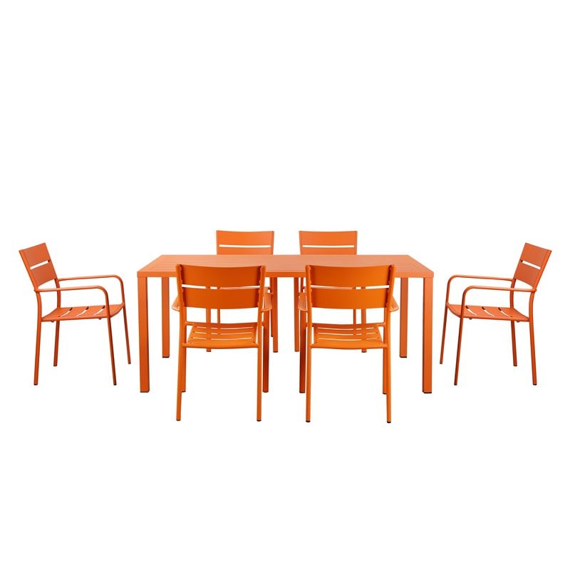 Pemberly Row 7-piece Aluminum Frame Patio Dining Set in Orange