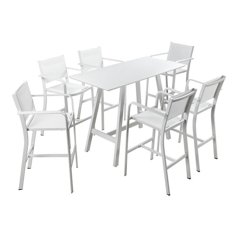 Pemberly Row 7-piece Modern Aluminum Frame Patio Bar Set in White