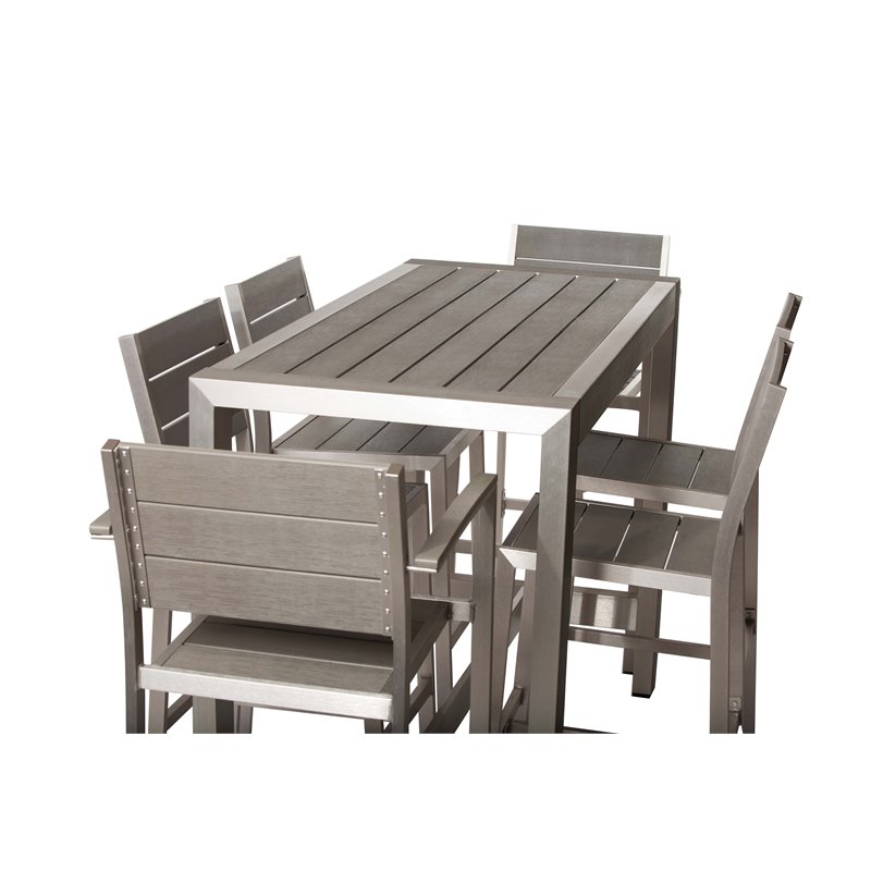Pemberly Row Contemporary 7-piece Aluminum Patio Bar Set in Gray