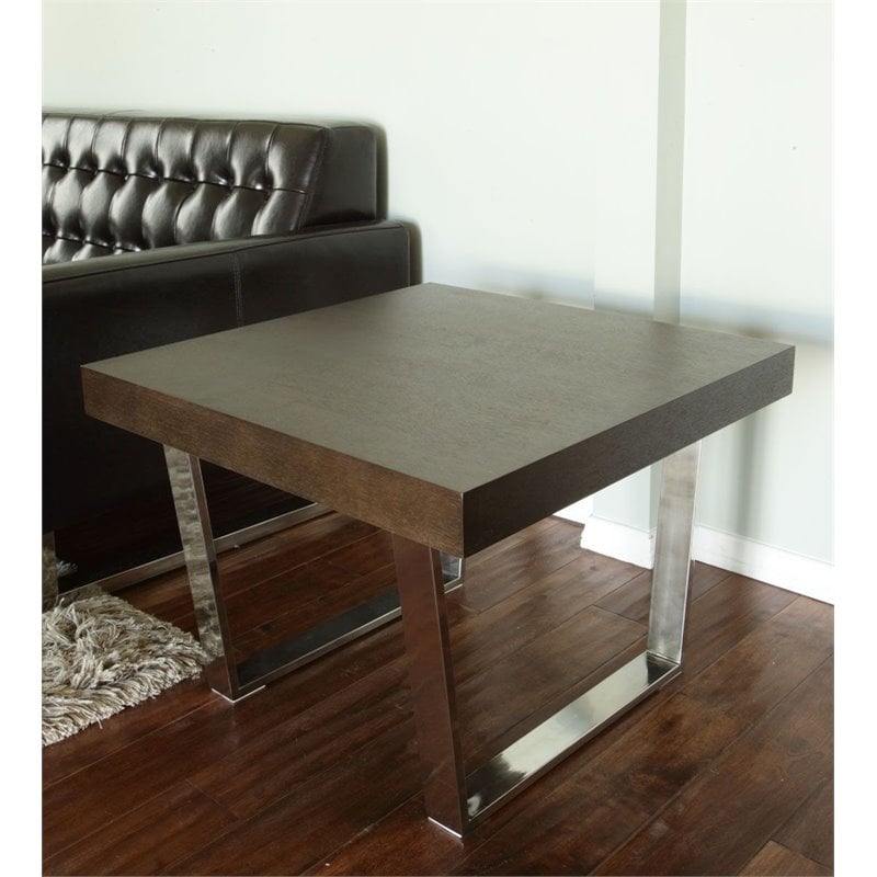 Pemberly Row Modern Wood Veneer & Polished Steel Side Table in Espresso