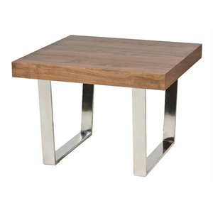 Pemberly Row Modern Wood Veneer & High Polished Steel Side Table in Walnut