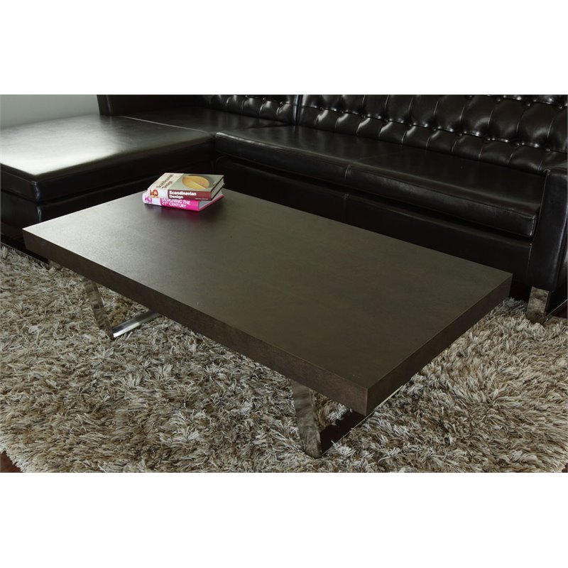 Pemberly Row Modern Wood Veneer & Polished Steel Coffee Table in Espresso