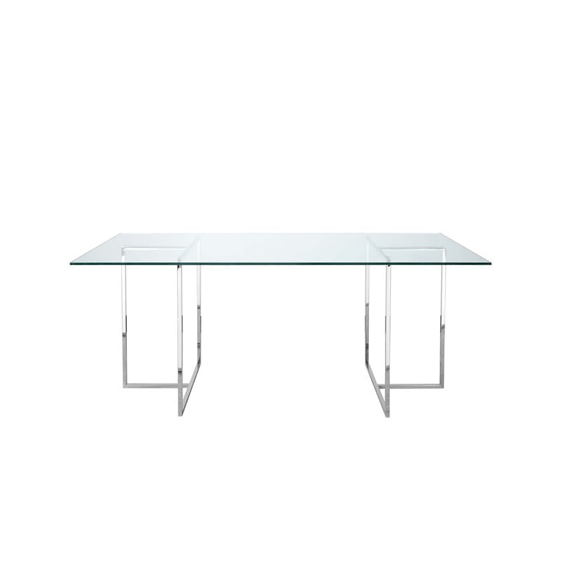 Pemberly Row Modern Tempered Glass & Polished Steel Dining Table in Clear