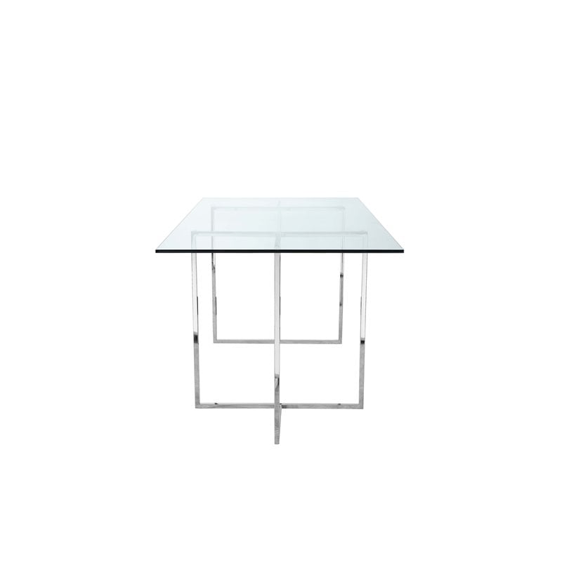 Pemberly Row Modern Tempered Glass & Polished Steel Dining Table in Clear