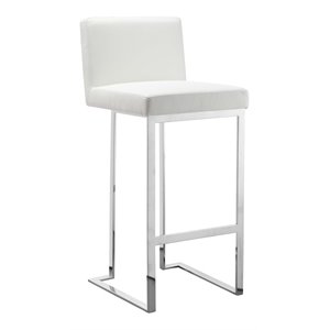 Pemberly Row 30&quot Modern Faux Leather & Polished Steel Bar Stool in White