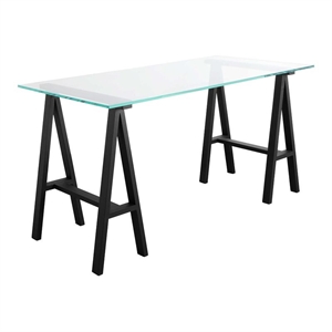 Pemberly Row 55&quot High Polished Steel Metal and Tempered Glass Desk in Black