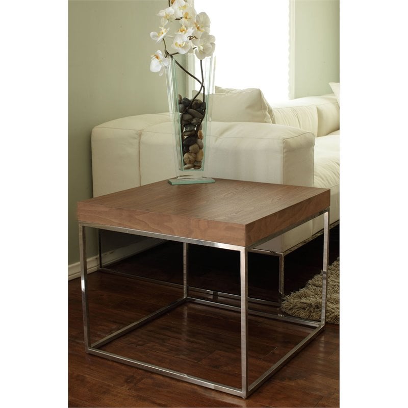Pemberly Row Modern Wood Veneer & High Polished Steel Side Table in Walnut