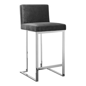 Pemberly Row 26&quot Modern Velvet & High Polished Steel Counter Stool in Gray