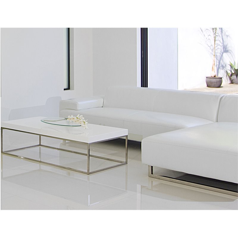 Pemberly Row Gloss Lacquer & High Polished Steel Metal Coffee Table in White